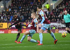 Burnley V Arsenal 2017-18 Prints: Clash at Turf Moor: Lacazette vs Mee in Intense Battle at Burnley-Arsenal Premier League Match