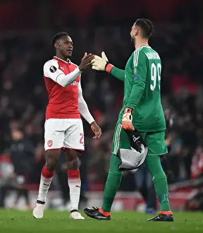 Arsenal V AC Milan 2017-18 Prints: Danny Welbeck and Gianluigi Donnarumma Share a Moment after Arsenal vs AC Milan Europa League Clash