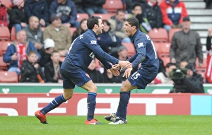 Stoke City v Arsenal - FA Cup 2009-10 Gallery: Denilson celebrates scoring the Arsenal goal with Cesc Fabregas. Stoke City 3: 1 Arsenal