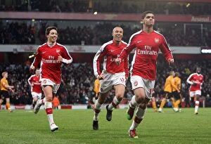 Images Dated 19th December 2009: Denilson celebrates scoring Arsenals 1st goal with Mikael Silvestre and Samir Nasri