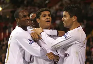 Denilson celebrates scoring Arsenals 3rd goal with Eduardo