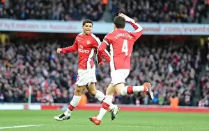 Arsenal v West Ham United 2009-10 Collection: Denilson shoots celebrates scoring the 1st Arsenal goal with Cesc Fabregas