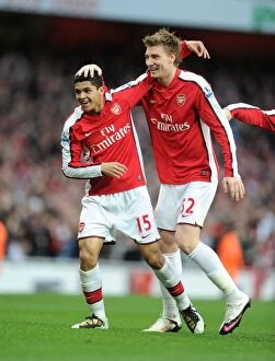 Arsenal v West Ham United 2009-10 Collection: Denilson shoots celebrates scoring the 1st Arsenal goal with Nicklas Bendtner