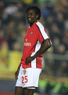 Villarreal V Arsenal 2008-9 Prints: Determined Adebayor: Arsenal's Unyielding Battle in UEFA Champions League Quarterfinal 1st Leg Against Villarreal