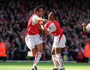 Edu Collection: Edu celebrates scoring Arsenals 1st goal from a free kick with Ashley Cole