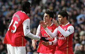 Eduardo celebrares scoring the 2nd Arsenal goal with Cesc Fabregas and Emmanuel Adebayor