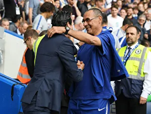 Chelsea V Arsenal 2018-19 Prints: Emery and Sarri Embrace Before Chelsea vs. Arsenal Premier League Clash (2018-19)