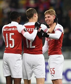 Images Dated 29th November 2018: Emile Smith Rowe celebrates scoring Arsenals disallowed goal with Stephan Lichtsteiner