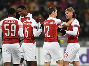 FC Vorskla Poltava v Arsenal 2018-19 Collection: Emile Smith Rowe celebrates scoring Arsenals disallowed goal with Stephan Lichtsteiner