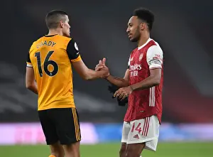 Arsenal V Wolverhampton Wanderers 2020-21 Prints: Empty Emirates: Aubameyang and Coady's Unique Handshake - Arsenal vs