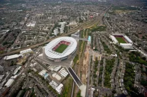 Emirates Stadium and Arsenal Stadium photographed from the a helicopter during the match