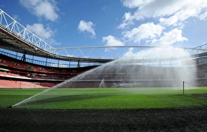 Emirates Stadium pitch is watered before the match. Arsenal 2:0 Everton. Barclays Premier League Emirates Stadium pitch is watered before the match. Arsenal 2:0 Everton. Barclays Premier League