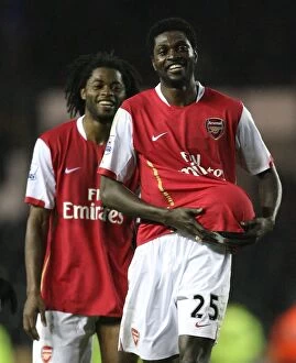 Derby County v Arsenal 2007-8 Collection: Emmanuel Adebayor (Arsenal) celebrates his three goals after the match