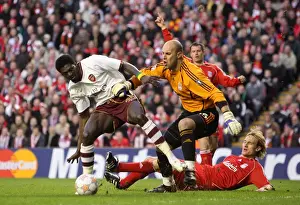 Liverpool V Arsenal - Champions League 2007-08 Prints: Emmanuel Adebayor (Arsenal) Pepe Reina and Sami Hyypia (Liverpool)