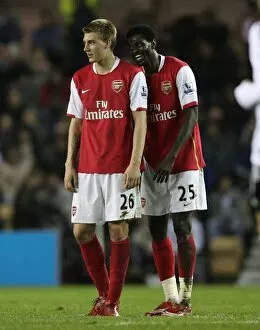 Images Dated 29th April 2008: Emmanuel Adebayor (Arsenal) shares a joke with Nicklas Bendtner