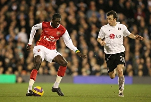 Fulham v Arsenal 2007-8 Gallery: Emmanuel Adebayor (Arsenal) Simon Davies (Fulham)