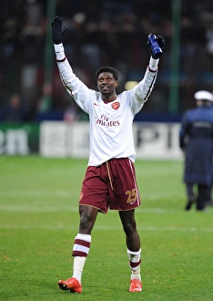 AC Milan V Arsenal 2007-8 Prints: Emmanuel Adebayor celebrates Arsenals victory
