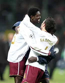 AC Milan V Arsenal 2007-8 Prints: Emmanuel Adebayor celebrates at the final whistle with Cesc Fabregas (Arsenal)