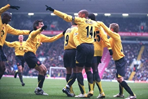 Emmanuel Adebayor celebrates scoring the 1st Arsenal goal with Thierry Henry
