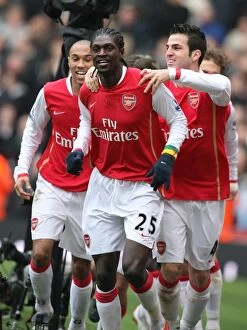 Arsenal v Tottenham 2007-8 Collection: Emmanuel Adebayor celebrates scoring the 1st Arsenal goal with Cesc Fabregas