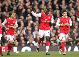 Fulham v Arsenal 2007-8 Gallery: Emmanuel Adebayor celebrates scoring the 1st Arsenal goal with Mathieu Flamini