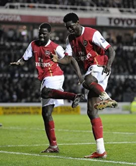 Derby County v Arsenal 2007-8 Collection: Emmanuel Adebayor celebrates scoring his 2nd and Arsenals 5th goal of the match with Emmanuel Eboue