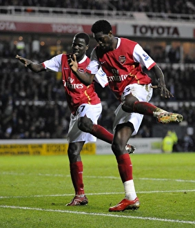 Derby County v Arsenal 2007-8 Collection: Emmanuel Adebayor celebrates scoring his 2nd and Arsenals 5th goal of the match with Emmanuel Eboue