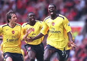 Emmanuel Adebayor celebrates scoring the Arsenal goal with Tomas Rosicky and Kolo Toure