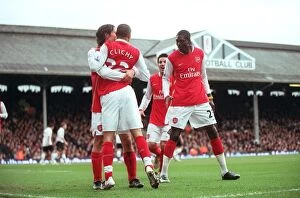 Fulham v Arsenal 2007-8 Gallery: Emmanuel Adebayor celebrates scoring Arsenals 1st goal with Tomas Rosicky