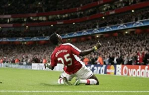 Images Dated 30th September 2008: Emmanuel Adebayor celebrates scoring Arsenals 2nd goal his 1st