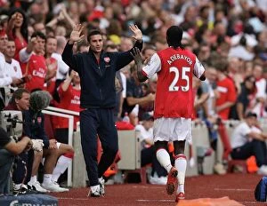 Arsenal v Derby County 2007-08 Collection: Emmanuel Adebayor celebrates scoring Arsenals 2nd goal his 1st with substitute Robin van Persie