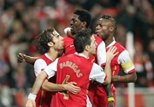 Images Dated 4th April 2008: Emmanuel Adebayor celebrates scoring Arsenals goal with Mathieu Flamini