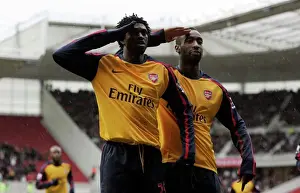 Emmanuel Adebayor celebrates scoring Arsenals goal