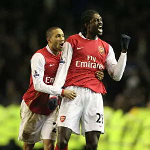 Emmanuel Adebayor and Gael Clichy celebrate Arsenals win at the end of the match