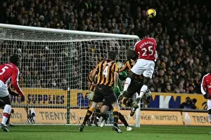Emmanuel Adebayor heads over Hull goalkeeper Boaz Myhill