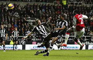 Emmanuel Adebayor shoots past Shay Given to score the Arsenal goal