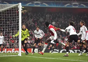 Arsenal V AC Milan 2007-08 Prints: Emmanuel Adebayors header hits the crossbar as AC Milan goalkeeper Zeljko Kalac looks on
