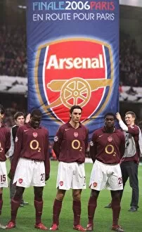 Arsenal v Villarreal 2005-6 Gallery: Emmanuel Eboue, Robert Pires and Kolo Toure (Arsenal) line up with an banner behind them