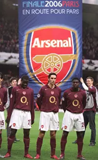 Arsenal V Villarreal 2005-6 Prints: Emmanuel Eboue, Robert Pires and Kolo Toure (Arsenal) line up with an banner behind them