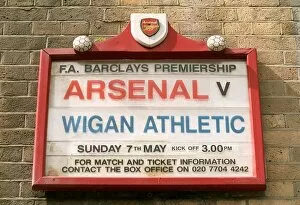 Highbury Stadium Collection: The fixture board displays the Wigan Athltic match, the last at Highbury