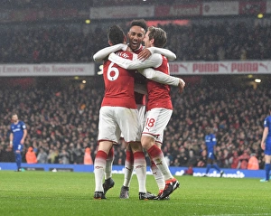 Arsenal V Everton 2017-18 Prints: Fourth Goal Celebration: Aubameyang, Koscielny, Monreal (Arsenal vs. Everton, 2017-18)
