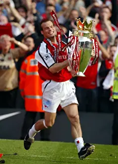 Fredrik Ljungberg Celebrates with the FA Barclaycard Premiership Trophy after Arsenal's 4:3 Win over Everton, Arsenal Stadium, Highbury, London, May 11, 2002