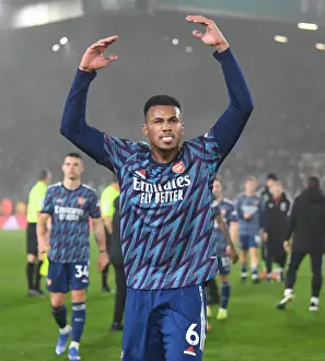 Gabriel Celebrates with Arsenal Fans: Leeds United vs Arsenal, Premier League 2021-22