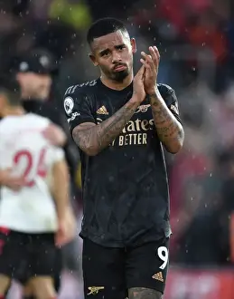 Gabriel Jesus Celebrates with Arsenal Fans after Southampton Victory, 2022-23 Premier League