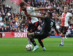 Southampton v Arsenal 2022-23 Collection: Gabriel Jesus vs Duje Caleta-Car: Intense Battle in Southampton v Arsenal Premier League Clash