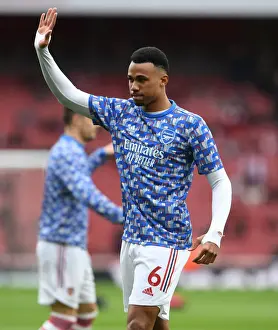 Arsenal V Leicester City 2021-22 Prints: Gabriel Magalhaes of Arsenal Prepares for Arsenal v Leicester City Premier League Clash at Emirates Stadium
