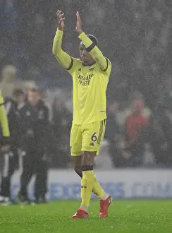 Gabriel Magalhaes Celebrates with Arsenal Fans after Brighton Victory - Premier League 2021-22