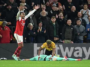 Gabriel Protests Referee Decision Against Adama Traore during Wolverhampton Wanderers vs Arsenal FC (2022-23)