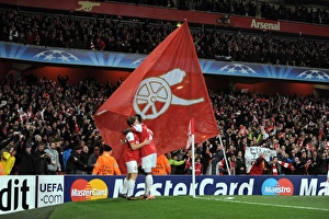 A giant flag is waved following Arsenals 2nd goal. Arsenal 2: 1 Barcelona