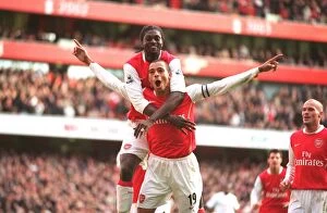 Images Dated 2nd December 2006: Gilberto celebrates scoring his 2nd and Arsenals 3rd from the penalty spot with Emmanuel Adebayor